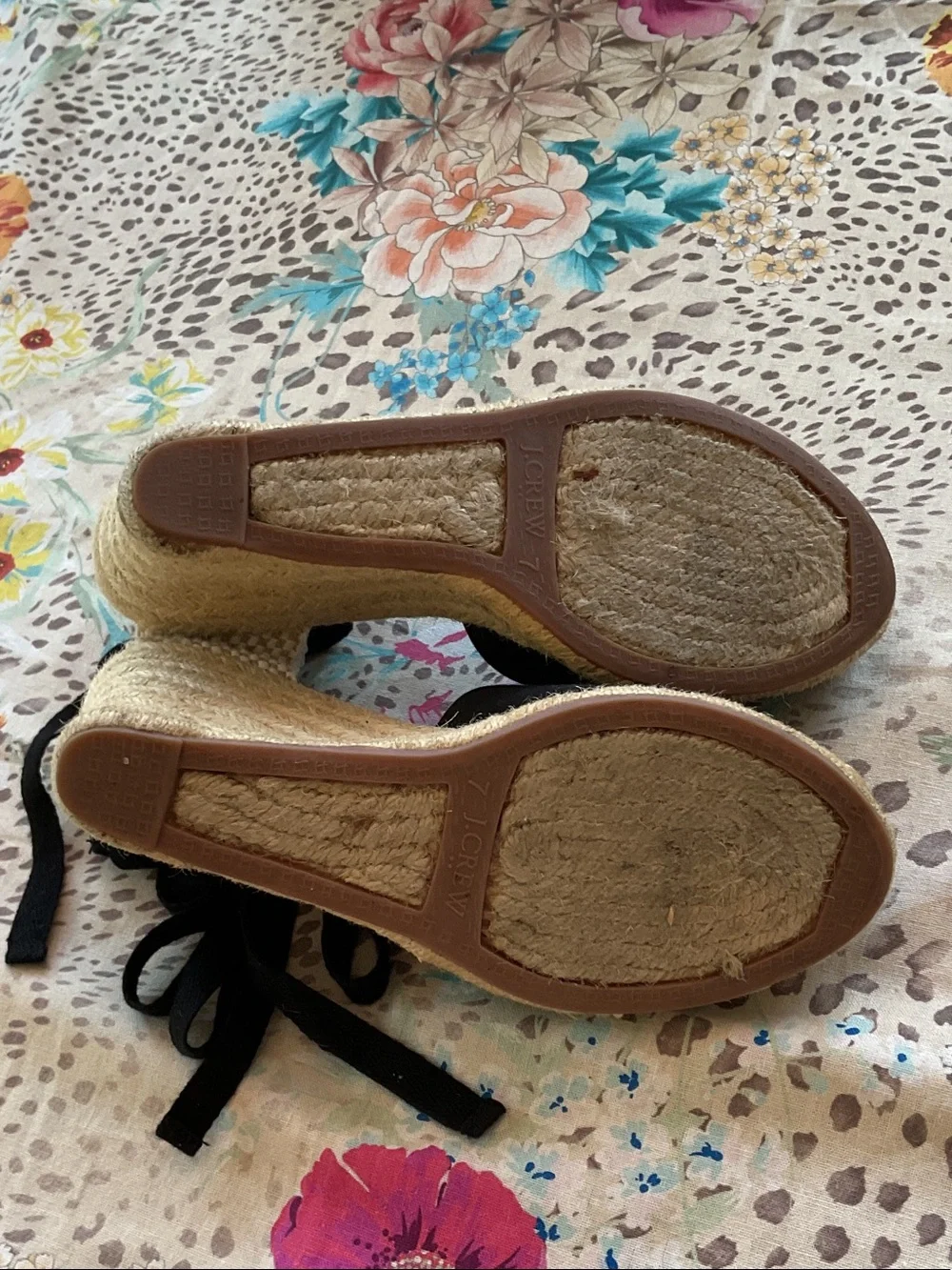 J. Crew Black Espadrille Wedges with Cream Braided Heel and Ankle Ties